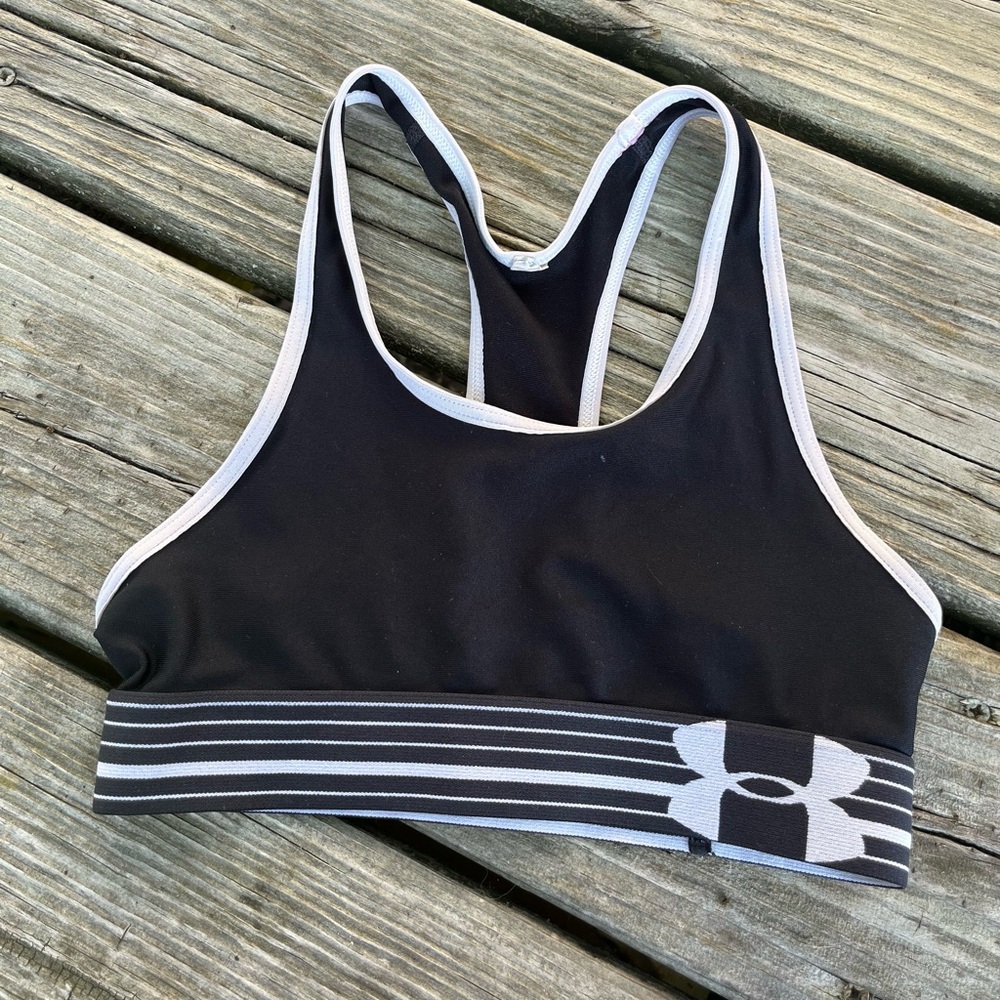 Under Armour Black & White Racerback Girls' Sports Bra with Branded Band